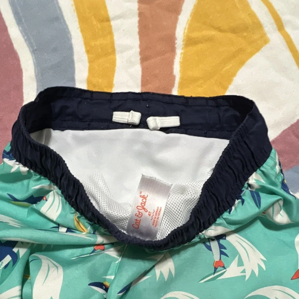 Cat & Jack Boys Shark Print Swim Trunks 4T Green Blue White Drawstring Lined